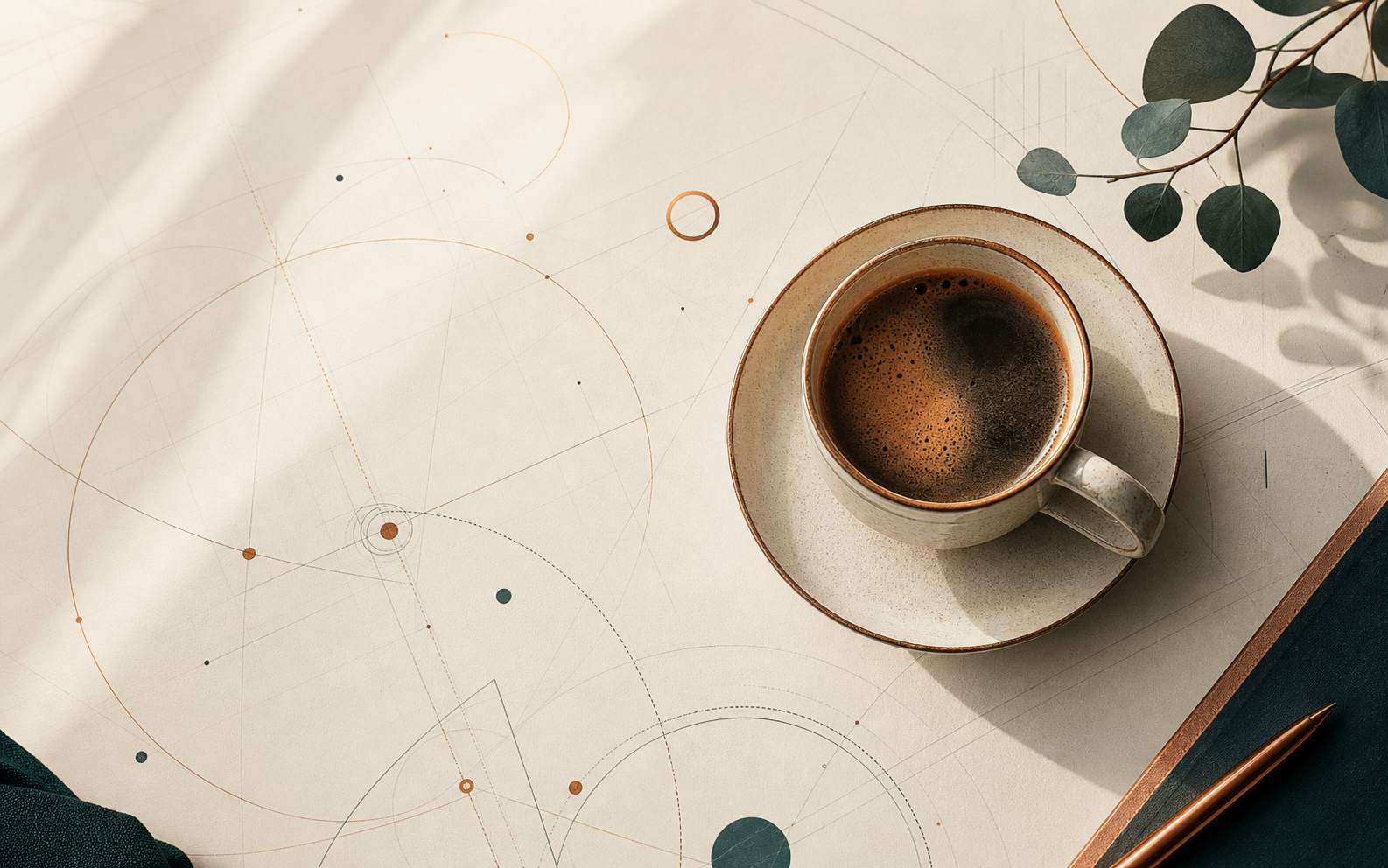 Coffee cup on an abstract systems diagram